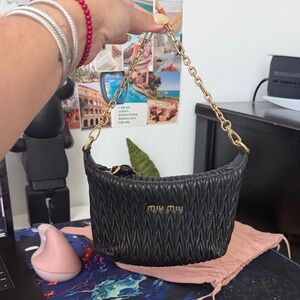 Miu Miu Black Quilted Leather Shoulder Bag with Gold Chain